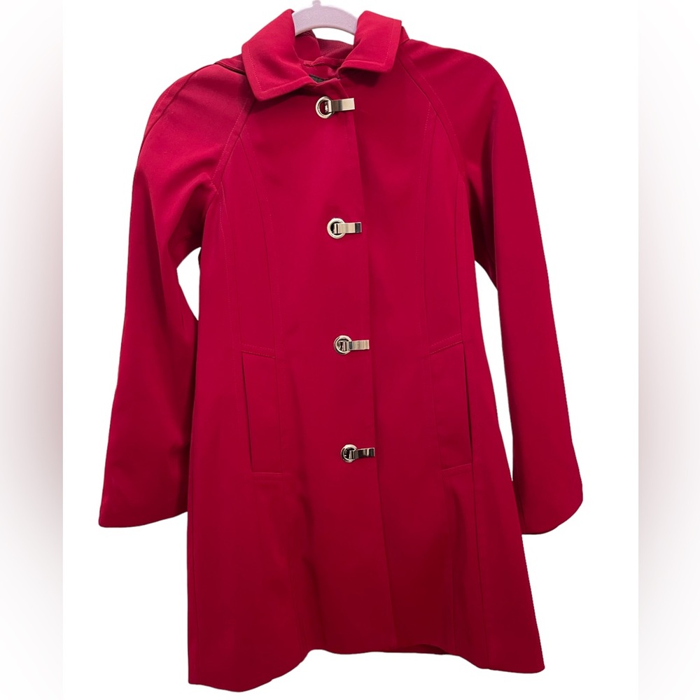 London Fog Red Pea Coat Raincoat With Silver Closure Detachable Hood size PXS